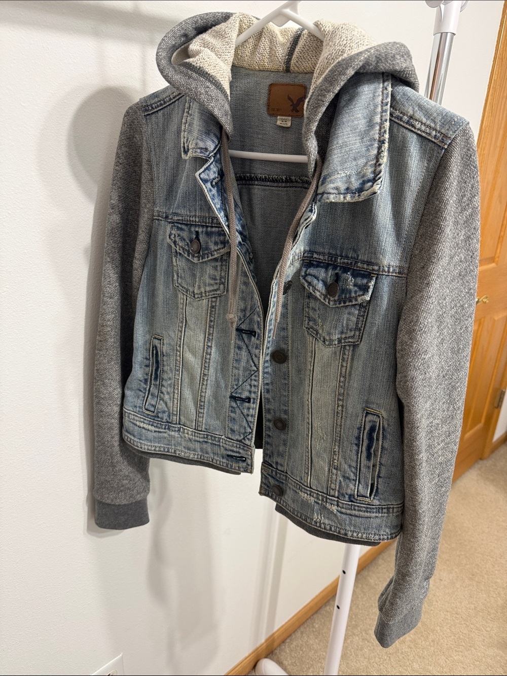 American Eagle Outfitters Light Blue Denim Jacket with Gray Hood & Sleeves